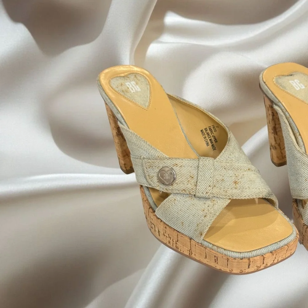 Y2K BG Denim Cork Heel Platform Square Toe Mules Size 7 Chunky‎